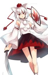 Rule 34 | 1girl, animal ears, detached sleeves, hair between eyes, hat, highres, holding, holding shield, holding sword, holding weapon, inubashiri momiji, long sleeves, looking at viewer, oborofu, open mouth, pom pom (clothes), red eyes, shield, short hair, simple background, skirt, solo, standing, sword, tail, tokin hat, touhou, weapon, white background, white hair, wide sleeves, wolf ears, wolf tail