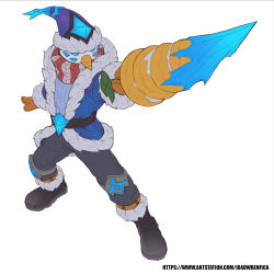 Rule 34 | 1boy, belt, black belt, black footwear, black pants, blue headwear, blue jacket, carrot, fur-trimmed headwear, fur-trimmed jacket, fur trim, grey background, highres, holding, ice, jacket, joaowbenfica, league of legends, male focus, master yi, official alternate costume, pants, red scarf, scarf, simple background, snow man yi, snowman, solo, standing, weapon, white scarf