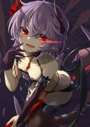 1girl :d akisome_hatsuka asymmetrical_gloves bat_(animal) bat_wings bikini black_bikini black_gloves black_wings breasts chain cleavage commentary_request demon_girl elbow_gloves fang gloves glowing glowing_eye hair_ribbon halloween_costume horns mismatched_gloves open_mouth purple_hair red_eyes red_nails red_ribbon remilia_scarlet ribbon short_hair small_breasts smile solo swimsuit thighhighs touhou wings