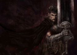 Rule 34 | 1boy, azure meraki, bandaged arm, bandages, berserk, black cape, black eyes, black hair, cape, closed mouth, dragonslayer (sword), fighting stance, guts (berserk), highres, holding, holding sword, holding weapon, looking at viewer, making-of available, male focus, negative space, prosthesis, prosthetic arm, solo, sword, weapon