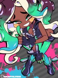 Rule 34 | 1girl, :d, bent over, blush, breasts, cleavage, crop top, dark-skinned female, dark skin, fingerless gloves, full body, gloves, green eyes, green hair, green nails, green pantyhose, headphones, highres, leaning forward, looking at viewer, marina (splatoon), midriff, mole, mole under mouth, multicolored hair, nail polish, navel, nintendo, octoling, open mouth, paint splatter, pantyhose, purple hair, shorts, smile, solo, splatoon (series), splatoon 2, tentacle hair, two-tone hair, zipper