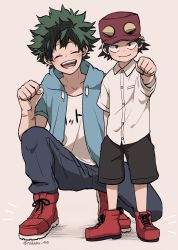 Rule 34 | 2boys, alternate costume, baseball cap, black pants, black shorts, blush, boku no hero academia, boots, breast pocket, breasts, clenched hand, closed eyes, clothes writing, collarbone, collared shirt, commentary request, dress shirt, facing viewer, freckles, green jacket, grey background, hat, highres, hood, hood down, hooded jacket, izumi kouta, jacket, male focus, midoriya izuku, multiple boys, nakamu 405, open mouth, pants, pocket, red footwear, red headwear, scar, scar on arm, shirt, shoes, short shorts, short sleeves, shorts, skirt, smile, sneakers, squatting, white shirt