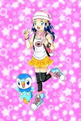 Rule 34 | 1girl, backpack, bag, bird, blue eyes, blue footwear, bracelet, creatures (company), dawn (pokemon), female focus, full body, game freak, gen 4 pokemon, hat, jewelry, nintendo, open mouth, piplup, pokemon, pokemon (anime), pokemon (creature), running, shoes, skirt, smile, solo, star (symbol), thighhighs