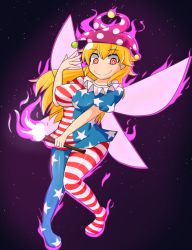 Rule 34 | 1girl, @ @, american flag dress, american flag legwear, aura, blonde hair, blush, breasts, clownpiece, covered erect nipples, crazy eyes, curvy, fairy wings, fanning face, female focus, hat, jester cap, large breasts, long hair, manorea, night, night sky, pantyhose, pointy ears, red eyes, sky, smile, solo, striped clothes, striped pantyhose, thick thighs, thighs, torch, touhou, very long hair, wide-eyed, wings