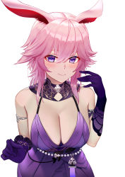 Rule 34 | 1girl, animal ear fluff, animal ears, armlet, bad id, bad pixiv id, bare shoulders, blush, breasts, cleavage, closed mouth, dress, elbow gloves, freze, gloves, hair between eyes, highres, honkai (series), honkai impact 3rd, large breasts, long hair, looking at viewer, pink hair, purple dress, purple eyes, purple gloves, sidelocks, simple background, sleeveless, sleeveless dress, smile, solo, upper body, white background, yae sakura, yae sakura (flame sakitama)