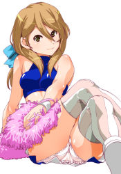 Rule 34 | 1girl, bare shoulders, brown hair, cheerleader, crossed legs, extra, frilled panties, frills, hair ribbon, highres, k-on!, long hair, panties, pom pom (cheerleading), ribbon, shinama, simple background, sitting, sleeveless, sleeveless turtleneck, smile, solo, striped clothes, striped thighhighs, tachibana himeko, thighhighs, turtleneck, underwear, vertical-striped clothes, vertical-striped thighhighs, white background, wristband, yellow eyes