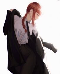 Rule 34 | 1girl, absurdres, black jacket, black necktie, black pants, braid, braided ponytail, chainsaw man, collared shirt, highres, jacket, long hair, looking to the side, makima (chainsaw man), necktie, nivactrov1, open clothes, open jacket, orange eyes, pants, red hair, shirt, simple background, solo, white background, white shirt
