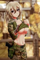 Rule 34 | 1girl, arm tattoo, belt, blonde hair, blurry, blurry background, breasts, camouflage, camouflage pants, camouflage shirt, clothes lift, dausagi, ear piercing, hand on own chest, highres, holstered, large breasts, looking at viewer, medium hair, military, military uniform, navel, original, pants, piercing, red eyes, shirt, shirt lift, solo, tattoo, underboob, uniform