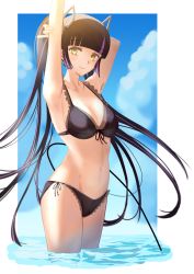 Rule 34 | 1girl, nanashi inc., absurdres, alternate costume, armpits, arms up, bikini, black bikini, black hair, blue sky, blunt bangs, blush, border, breasts, cleavage, closed mouth, cloud, commentary request, cowboy shot, demon horns, frilled bikini, frills, front-tie bikini top, front-tie top, highres, horns, kojo anna, long hair, looking at viewer, medium breasts, multicolored hair, outside border, pointy ears, purple hair, sankyo (821-scoville), side-tie bikini bottom, sky, smile, solo, sugar lyric, swimsuit, two-tone hair, virtual youtuber, water, white border