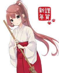 Rule 34 | 1girl, :o, alternate hairstyle, asagumo (kancolle), bad id, bad pixiv id, bamboo broom, blue eyes, blush, broom, brown hair, commentary request, dutch angle, hair between eyes, hakama, hakama skirt, head tilt, high ponytail, highres, holding, holding broom, japanese clothes, kantai collection, long hair, looking at viewer, miko, nuno (pppompon), parted lips, ponytail, red hakama, simple background, skirt, solo, translated, very long hair, white background