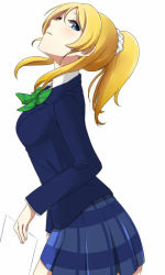 Rule 34 | 10s, 1girl, ayase eli, blazer, blonde hair, blue eyes, blue skirt, blush, bow, bowtie, expressionless, green bow, green bowtie, holding, jacket, long sleeves, looking at viewer, love live!, love live! school idol project, michigan, paper, parted lips, plaid, plaid skirt, pleated skirt, ponytail, school uniform, scrunchie, shaft look, simple background, skirt, solo, standing, white background