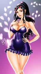 Rule 34 | 1girl, bare arms, bare shoulders, black hair, blue dress, blue eyes, breasts, cleavage, curvy, dress, eyewear on head, hip focus, large breasts, long hair, nico robin, one piece, ponytail, sunglasses, thick thighs, thighs, wide hips