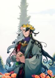 Rule 34 | 1boy, artist name, ashiya douman (fate), asymmetrical clothes, asymmetrical hair, bell, black eyes, black hair, curly hair, dated, earrings, evil smile, fate/grand order, fate (series), field, fingernails, flower, flower field, flower wreath, green kimono, green nails, hadanugi dousa, hair bell, hair between eyes, hair ornament, half-closed eyes, head wreath, japanese clothes, jewelry, kimono, long hair, long sleeves, looking at viewer, magatama, magatama earrings, male focus, multicolored hair, open clothes, open kimono, outdoors, own hands clasped, own hands together, poppy (flower), red flower, red pupils, ribbed sleeves, sharp fingernails, smile, solo, split-color hair, starrytree, tree, two-tone hair, upper body, very long fingernails, very long hair, white hair, wide sleeves, wreath, yellow flower