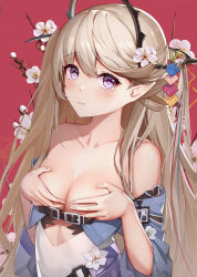 Rule 34 | 1girl, absurdres, arknights, bare shoulders, breasts, cleavage, collarbone, commentary, covering breasts, covering privates, flower, hair flower, hair ornament, highres, indigo (arknights), jean.organ, long hair, pointy ears, purple eyes, silver hair, small breasts, solo, tears, upper body, white flower