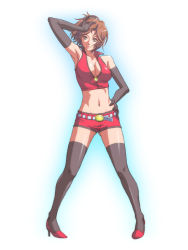 Rule 34 | 1girl, belt, black gloves, black thighhighs, breasts, brown eyes, brown hair, cleavage, elbow gloves, gloves, hand on own hip, high heels, matsudo aya, md5 mismatch, meiko (vocaloid), midriff, navel, shoes, short hair, short shorts, shorts, solo, thighhighs, vocaloid