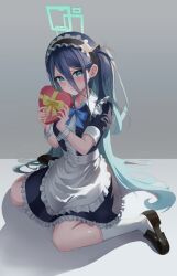 Rule 34 | 1girl, absurdly long hair, absurdres, alternate costume, apron, aris (blue archive), aris (maid) (blue archive), black footwear, black hair, blue archive, blue eyes, bow, bowtie, box, collarbone, commentary request, enmaided, frilled apron, frills, hair between eyes, hair ornament, halo, heart-shaped box, high-waist skirt, highres, holding, kneehighs, long hair, looking at viewer, maid, maid apron, maid headdress, one side up, shoes, short sleeves, sidelocks, simple background, sitting, skirt, socks, solo, very long hair, wariza, white apron, white socks, wrist cuffs, yubell (user cwxy8372)