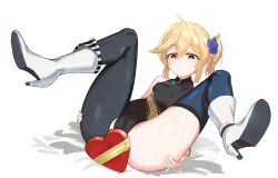 Rule 34 | 1girl, absurdres, ahoge, asymmetrical legwear, blonde hair, blue archive, blue flower, blush, breasts, china dress, chinese clothes, closed mouth, cosplay, covered collarbone, dress, flower, full body, girls&#039; frontline, hair between eyes, hair flower, hair ornament, heart, heart-shaped pupils, highres, kisaki (blue archive), kisaki (blue archive) (cosplay), light leave, looking at viewer, lying, nagant revolver (astral bond) (girls&#039; frontline), nagant revolver (girls&#039; frontline), on back, red eyes, side ponytail, simple background, small breasts, solo, spread legs, striped clothes, striped thighhighs, symbol-shaped pupils, thighhighs, white background, white footwear, wide spread legs