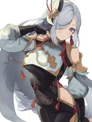 Rule 34 | 1girl, bare shoulders, black bodysuit, black gloves, bodysuit, braid, breasts, clothing cutout, commentary request, covered navel, crop top, crop top overhang, detached sleeves, fingerless gloves, genshin impact, gloves, grey eyes, grey hair, hair over one eye, hand up, highres, hip vent, long hair, long sleeves, puffy long sleeves, puffy sleeves, seramikku, shenhe (genshin impact), side cutout, simple background, single braid, solo, very long hair, white background, white sleeves