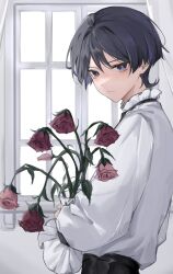 Rule 34 | 1boy, alternate costume, black hair, black pants, closed mouth, curtains, flower, from side, genshin impact, hair between eyes, highres, holding, long sleeves, looking at viewer, male focus, mnce o, multicolored hair, pants, purple eyes, purple hair, red flower, red rose, rose, scaramouche (genshin impact), shirt, solo, vase, white shirt, window
