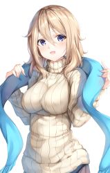 Rule 34 | 1girl, :d, aoyama blue mountain, blonde hair, blue eyes, blue scarf, breasts, commentary request, fringe trim, gochuumon wa usagi desu ka?, hair between eyes, hands up, highres, holding, holding clothes, holding scarf, large breasts, long hair, long sleeves, looking at viewer, open mouth, ribbed sweater, scarf, shiero., sidelocks, simple background, smile, solo, sweater, turtleneck, turtleneck sweater, unworn scarf, upper body, white background, white sweater