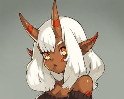 Rule 34 | 1girl, breasts, cleavage, closed mouth, dark-skinned female, dark skin, dress, grey background, grey sweater, horns, lips, looking at viewer, medium breasts, medium hair, monster girl, oni, oni horns, orange eyes, original, pointy ears, portrait, shirt, simple background, solo, sweater, sweater dress, upper body, vins-mousseux, white shirt