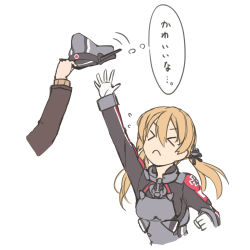 Rule 34 | &gt; &lt;, 1girl, 1other, anchor hair ornament, armor, blonde hair, breastplate, commentary request, cropped torso, grey headwear, hair ornament, hat, kantai collection, long hair, military, military hat, military uniform, minosu, peaked cap, prinz eugen (kancolle), reaching, simple background, twintails, uniform, upper body, white background