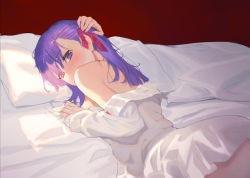 Rule 34 | 1girl, bare shoulders, blush, commentary request, fate/stay night, fate (series), hair between eyes, hair ribbon, highres, kumo ryuun, long hair, looking at viewer, lying, matou sakura, off shoulder, on stomach, purple eyes, purple hair, red ribbon, ribbon, shirt, solo