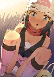 Rule 34 | 1girl, :o, bag, beanie, blue hair, breasts, cleavage, creatures (company), dawn (pokemon), eyebrows visible through hat, game freak, hat, highres, looking at viewer, nintendo, panties, pokemon, pokemon dppt, red scarf, scarf, seneto, solo, squatting, underwear, white hat, white panties