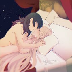 Rule 34 | 2girls, asymmetrical docking, bed, black hair, breast press, breasts, byleth (female) (fire emblem), byleth (fire emblem), canopy bed, commentary request, curtains, dated, edelgard von hresvelg, eye contact, fire emblem, fire emblem: three houses, girl on top, hand on another&#039;s shoulder, holding hands, imminent kiss, indoors, interlocked fingers, large breasts, long hair, looking at another, multiple girls, night, nintendo, noses touching, nude, on bed, parted lips, pillow, purple eyes, romaji commentary, sky, small breasts, star (sky), starry sky, twitter username, upper body, white hair, yukiyanagi raki, yuri