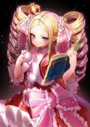 Rule 34 | 10s, 1girl, 3:, 3:&lt;, bad id, bad pixiv id, beatrice (re:zero), black background, blonde hair, blue eyes, blush, book, bow, bug, butterfly, butterfly-shaped pupils, capelet, closed mouth, cowboy shot, crown, dress, drill hair, eyelashes, frills, from above, fur trim, glint, hair ribbon, holding, holding book, insect, lace, light particles, long hair, looking at viewer, mini crown, open book, pink bow, pout, re:zero kara hajimeru isekai seikatsu, ribbon, ryota (ry o ta), sidelocks, sleeves past elbows, solo, striped, striped bow, symbol-shaped pupils, twin drills, twintails, v-shaped eyebrows, wide sleeves
