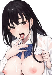 Rule 34 | 1girl, black hair, blue bow, blue bowtie, blush, bow, bowtie, breasts, brown eyes, buttoned cuffs, buttons, cleavage, collared shirt, commentary request, cum, cum in mouth, cum on body, cum on breasts, cum on tongue, cum on upper body, diagonal-striped bow, diagonal-striped bowtie, diagonal-striped clothes, diagonal-striped neckwear, dress shirt, finger to tongue, fingernails, hands up, highres, large breasts, long hair, long sleeves, looking at viewer, miyabe kiwi, nipples, open clothes, open mouth, open shirt, original, see-through, shirt, sidelocks, simple background, solo, striped bow, striped bowtie, striped clothes, striped neckwear, sweat, teeth, tongue, tongue out, upper body, upper teeth only, wet, wet clothes, wet shirt, white background, white shirt