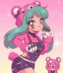 Rule 34 | 1990s (style), 1girl, animal hood, bear hood, belt, blush, breasts, broken heart, bubble background, chellyko, claw (weapon), cuddlebear cutie, epic games, facepaint, fortnite, gloves, green hair, heart, heart in eye, heart print, highres, hood, hoodie, long hair, long sleeves, looking at viewer, medium breasts, overalls, pink background, pink hoodie, purple eyes, purple overalls, retro artstyle, smile, sparkle, standing, stuffed animal, stuffed toy, syd (fortnite), symbol in eye, tail, teddy bear, weapon, weighted spikegloves, white belt, white gloves