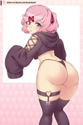 Rule 34 | 1girl, :o, absurdres, ass, black panties, black thighhighs, commentary, cross-laced clothes, doki doki literature club, dot nose, english commentary, from behind, hair ornament, heart o-ring, highleg, highleg panties, highres, knees together feet apart, light blush, long sleeves, looking at viewer, natsuki (doki doki literature club), open mouth, panties, patreon username, pink hair, purple eyes, raion (raionart), short hair, skull, sleeves past wrists, solo, string panties, thigh strap, thighhighs, thighs, thong, underwear, x hair ornament