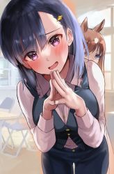 Rule 34 | 2girls, black hair, blouse, blurry, blurry background, blush, breasts, brown hair, collared shirt, commentary request, embarrassed, grass wonder (umamusume), hair ornament, highres, horse girl, kiryuuin aoi, long hair, looking at viewer, multiple girls, open mouth, own hands clasped, own hands together, peeking out, sg (esujii), shaded face, shirt, short hair, umamusume, white shirt, yandere