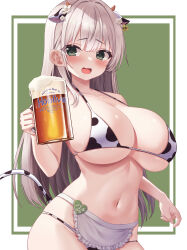 Rule 34 | 1girl, absurdres, alcohol, animal ears, animal print, apron, beer, beer mug, bikini, blush, border, breasts, character name, commentary, copyright name, cow ears, cow horns, cow print, cow print bikini, cow tail, cup, drooling, ear tag, fake animal ears, fake horns, fake tail, flower, frilled apron, frills, green background, green eyes, grey hair, gyoza (pixiv17855879), hair flower, hair ornament, halterneck, hand up, highres, holding, holding cup, hololive, horns, large breasts, long hair, looking at viewer, mug, navel, open mouth, outside border, print bikini, raised eyebrows, shirogane noel, skindentation, smile, solo, stomach, string bikini, swimsuit, tail, very long hair, virtual youtuber, waist apron, white apron, white border, white flower