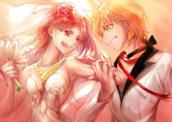 Rule 34 | 1boy, 1girl, ali baba saluja, bouquet, breasts, couple, dancing, dress, flower, gradient background, grin, happy, hetero, holding hands, husband and wife, interlocked fingers, magi the labyrinth of magic, morgiana, red hair, smile, upper body, wedding dress