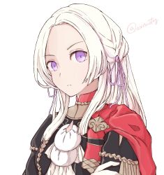 Rule 34 | 1girl, airisuotog, blonde hair, blue eyes, cape, ascot, edelgard von hresvelg, fire emblem, fire emblem: three houses, gloves, hair ornament, highres, long hair, looking at viewer, nintendo, pantyhose, red cape, ribbon, simple background, solo, uniform, upper body, white background