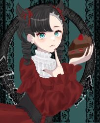 Rule 34 | 1girl, asymmetrical bangs, black hair, black nails, bug, butterfly, cake, chocolate cake, commentary request, creatures (company), dress, drill hair, eyelashes, food, frills, game freak, green background, green eyes, hair horns, hanme 0227, highres, holding, holding food, insect, licking lips, looking at viewer, marnie (pokemon), medium hair, nintendo, pokemon, pokemon swsh, puffy sleeves, red dress, solo, tongue, tongue out, twin drills, twintails, upper body
