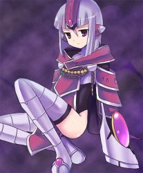 Rule 34 | 1girl, armor, bad id, bad pixiv id, boots, grey hair, grey thighhighs, incarose, incarose (tales), leotard, purple background, purple eyes, purple hair, purple theme, short hair, sitting, solo, tales of (series), tales of hearts, teu (navy), thigh boots, thighhighs