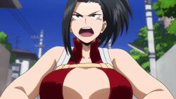 Rule 34 | 1girl, bare shoulders, black eyes, black hair, blush, boku no hero academia, breasts, center opening, collarbone, highres, large breasts, long hair, open mouth, outdoors, screencap, serious, sky, sleeveless, solo, third-party edit, tree, yaoyorozu momo
