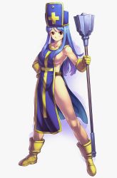 Rule 34 | 1girl, :d, bare arms, bare shoulders, blue eyes, blue hair, blue hat, blush, breasts, cosplay, cowboy shot, dragon quest, dragon quest iii, from side, gloves, hat, highres, holding, holding staff, long hair, medium breasts, mitre, naked tabard, no bra, no panties, open mouth, priest (dq3), profile, sideboob, sidelocks, simple background, smile, solo, sparkle, square enix, staff, tabard, third-party edit, v-shaped eyebrows, very long hair, white background, yellow gloves
