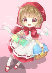 Rule 34 | 1girl, basket, blush, box, brown hair, cape, dated, dress, full body, gift, gift box, giving, highres, holding, holding gift, hood, incoming gift, mary janes, no nose, open mouth, pantyhose, puyopuyo quest, rebecca (puyopuyo quest), red eyes, shinomaru hajime, shoes, short hair, signature, smile, solo, white pantyhose