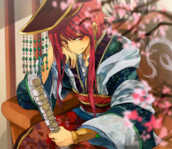 Rule 34 | 1boy, alternate costume, beads, chinese clothes, crown, guan hat, hanfu, hat, looking at viewer, magi the labyrinth of magic, male focus, mian guan, nuriko-kun, red eyes, red hair, ren kouha, sitting, solo