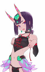 Rule 34 | 1girl, :d, bare shoulders, blush, bob cut, breasts, chinese clothes, clothes writing, covered erect nipples, dudou, eyeshadow, fang, fate/grand order, fate (series), headpiece, highres, horns, looking at viewer, makeup, navel, oni, open mouth, purple eyes, purple hair, short eyebrows, short hair, shuten douji (fate), shuten douji (fate/grand order), shuten douji (halloween caster) (fate), simple background, sketch, skin-covered horns, small breasts, smile, solo, timbougami, white background