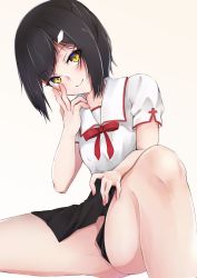Rule 34 | 1girl, black hair, black skirt, blush, bow, brown background, brown eyes, closed mouth, collared shirt, commentary, fate/kaleid liner prisma illya, fate (series), gradient background, hand up, head tilt, highres, homurahara academy school uniform, looking at viewer, miyu edelfelt, pleated skirt, puffy short sleeves, puffy sleeves, red bow, school uniform, shirt, short sleeves, simple background, siroimo0828, sitting, skirt, skirt hold, smile, solo, white background, white shirt