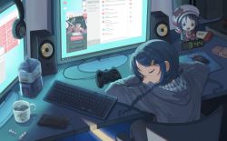 Rule 34 | 1girl, arms on table, blue hair, braid, commission, controller, dark blue hair, discord, game controller, gamepad, headphones, hood, hoodie, idolmaster, idolmaster cinderella girls, indoors, lvetica, miyoshi sana, monitor, mouse (computer), night, on chair, own hands together, screen, sitting, skeb commission, sleeping, solo, speaker, twintails, watch