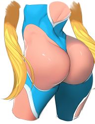 Rule 34 | 1girl, ass, ass focus, blonde hair, blue leotard, blue thighhighs, character cutout, commentary, from behind, hip focus, leotard, long hair, rainbow mika, simple background, sketch, solo, street fighter, street fighter v, thick thighs, thighhighs, thighs, thong leotard, tsukimoto aoi, twintails, very long hair, white background, wide hips