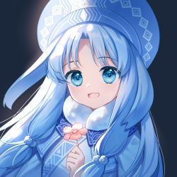 Rule 34 | 1girl, :d, ainu clothes, black background, blue eyes, blue hair, blue hat, fate/grand order, fate (series), flower, fur trim, hand up, hat, holding, holding flower, illyasviel von einzbern, long hair, looking at viewer, open mouth, parted bangs, pink flower, sitonai (fate), sitonai (third ascension) (fate), smile, solo, upper body, zhi (yammycheese)