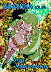 Rule 34 | 1girl, anniversary, breasts, closed mouth, feena (grandia), flower, full body, grandia, grandia i, green hair, hair ornament, hair tubes, highres, jewelry, layered sleeves, long hair, low-tied long hair, midriff, navel, necklace, okobore de shou, skirt, smile, solo, thighhighs, wide sleeves