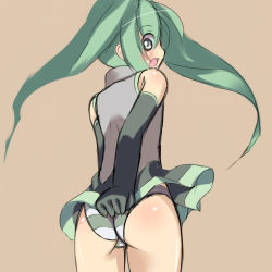 Rule 34 | 1girl, ass, bad id, bad pixiv id, blush, detached sleeves, green eyes, green hair, hatsune miku, headphones, long hair, lowres, matching hair/eyes, panties, pantyshot, skirt, solo, striped clothes, striped panties, twintails, underwear, vocaloid